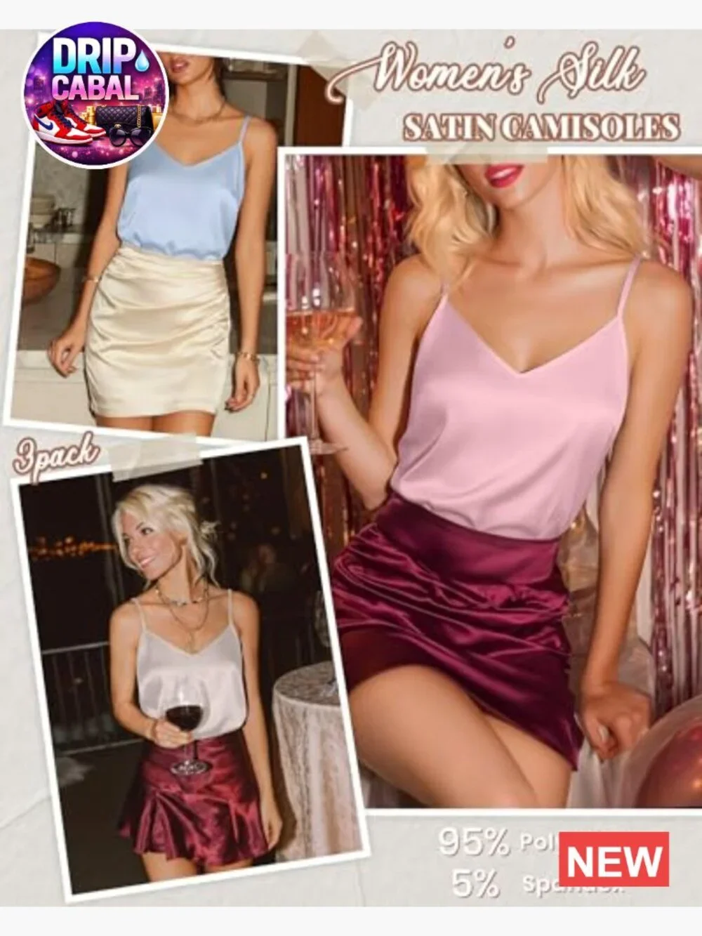3 Pack Silk Satin Camisoles V Neck Adjustable Spaghetti Strap Tank Tops